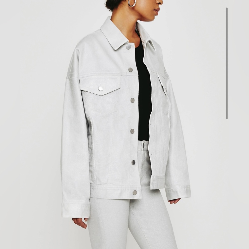 NWT $235 AG Oversized White Glitter Denim Jacket Size M